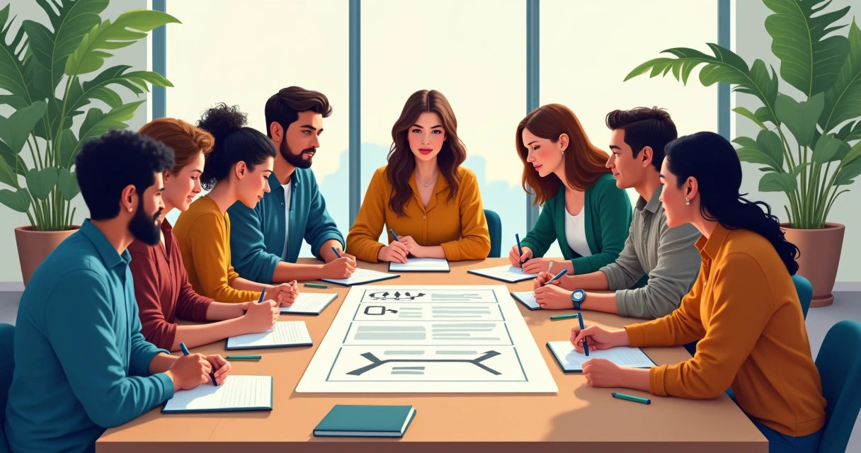 Equipe buscando solução em reunião colaborativa 