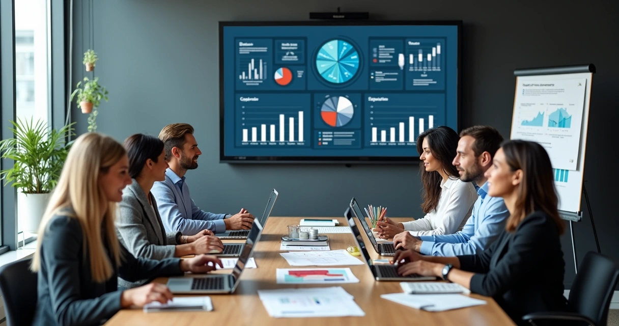 Equipe executiva analisa juntos gráficos e relatórios em notebooks e telas. 