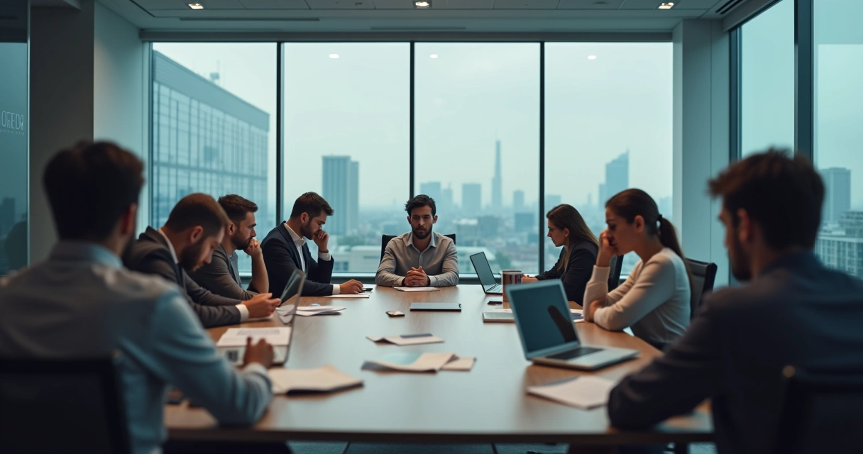 Equipe de trabalho com cabeça baixa em mesa de reunião