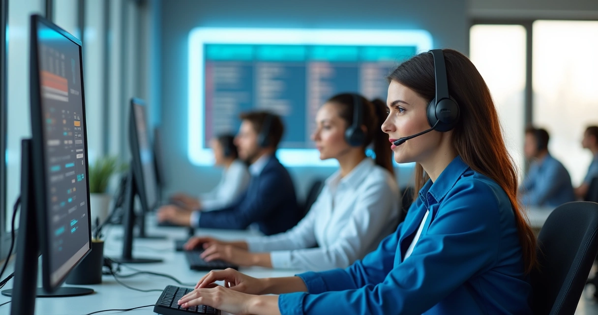 Equipe de atendimento logístico em sala com computadores e fones de ouvido 