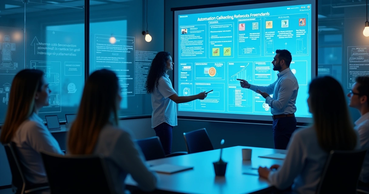 Equipe de call center em treinamento prático com quadro digital 