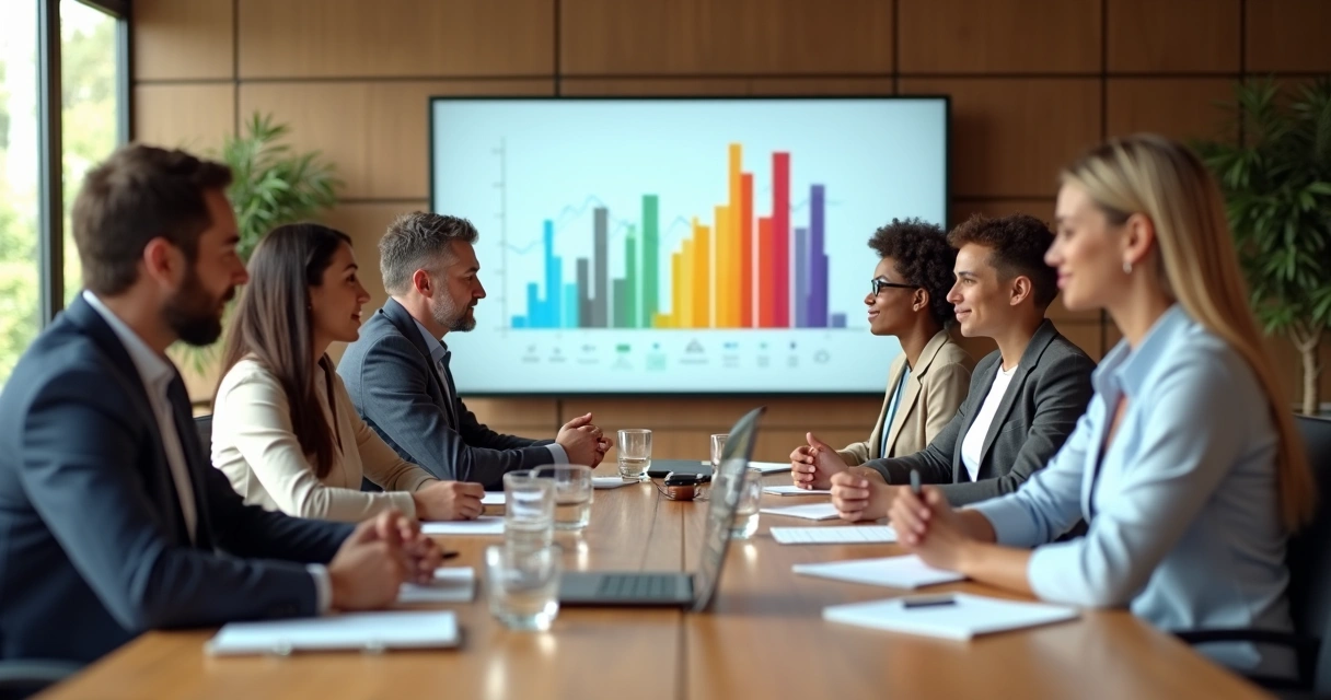 Equipe em reunião mantendo expressão serena e postura tranquila