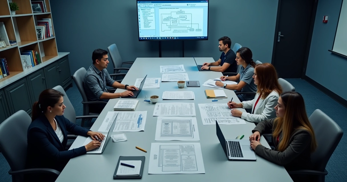 Equipe de Câmara revisando integração de sistemas em reunião 