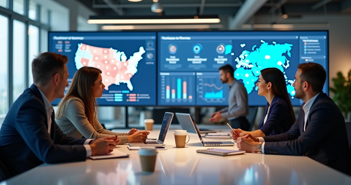 Equipe de campanha analisando dados em computadores 