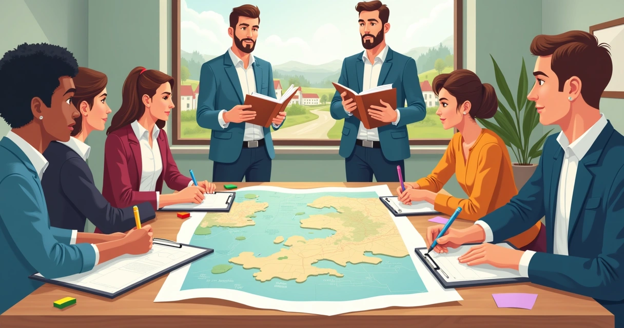 Equipe reunida com mapas físicos, anotações em papel e pranchetas 