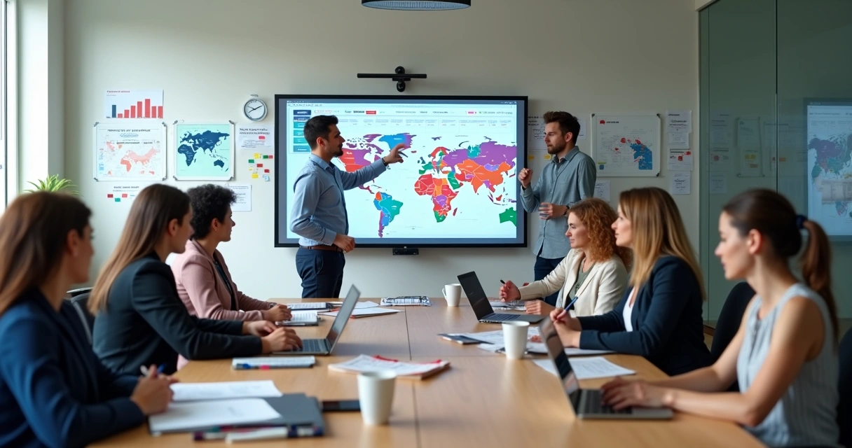Equipe de campanha eleitoral em reunião estratégica em torno de uma mesa 