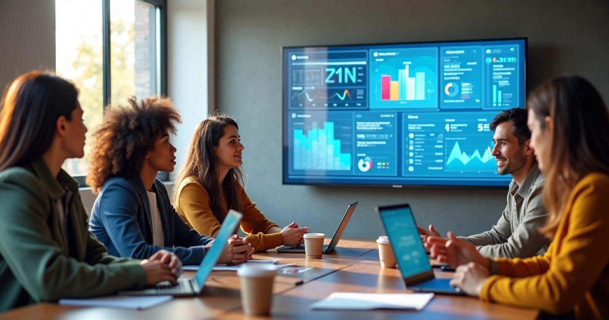 Equipe de marketing analisando dados de campanha digital e inteligência artificial 