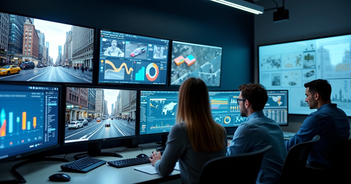 Equipe de marketing em sala controlando campanhas digitais e OOH simultaneamente 