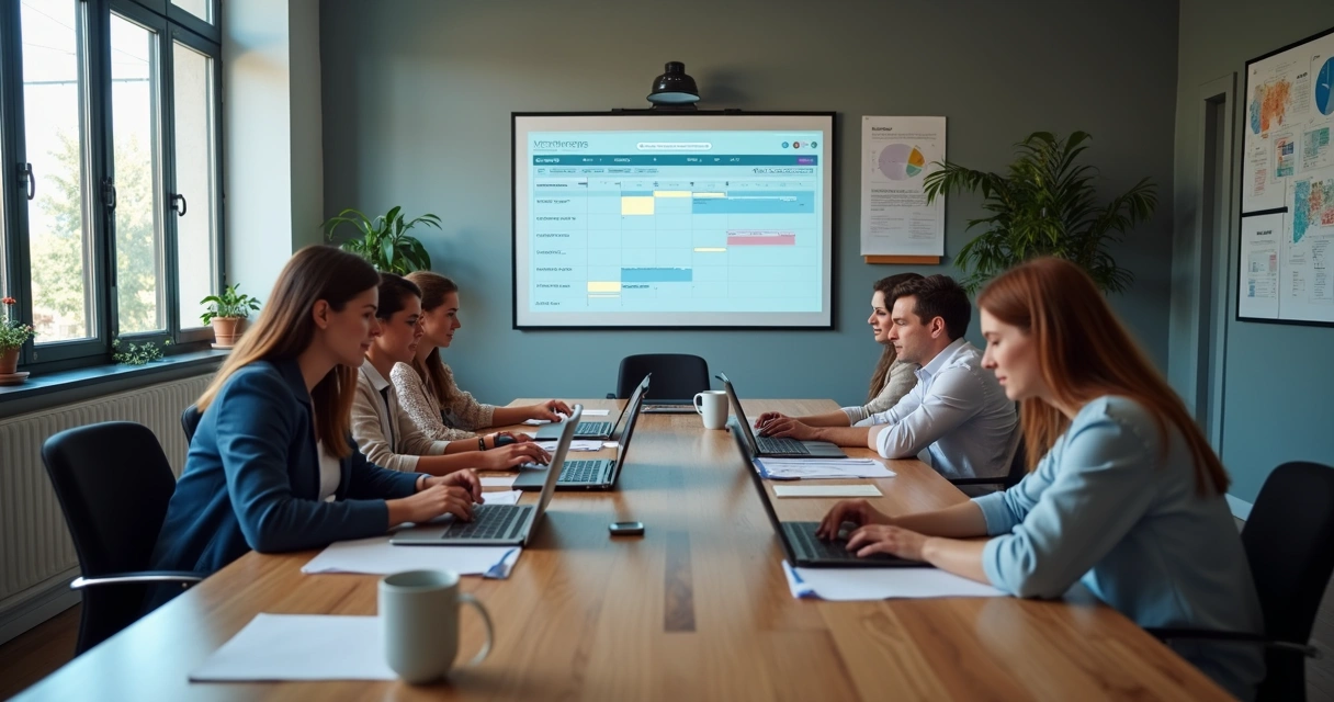 Equipe de campanha política reunida ao redor de uma mesa com computadores e cadernos.