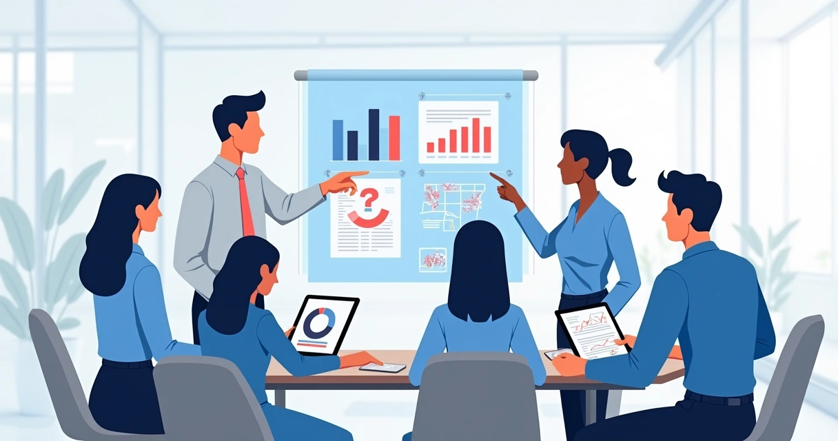 Equipe de campanha reunida analisando gráficos e estratégias em painel