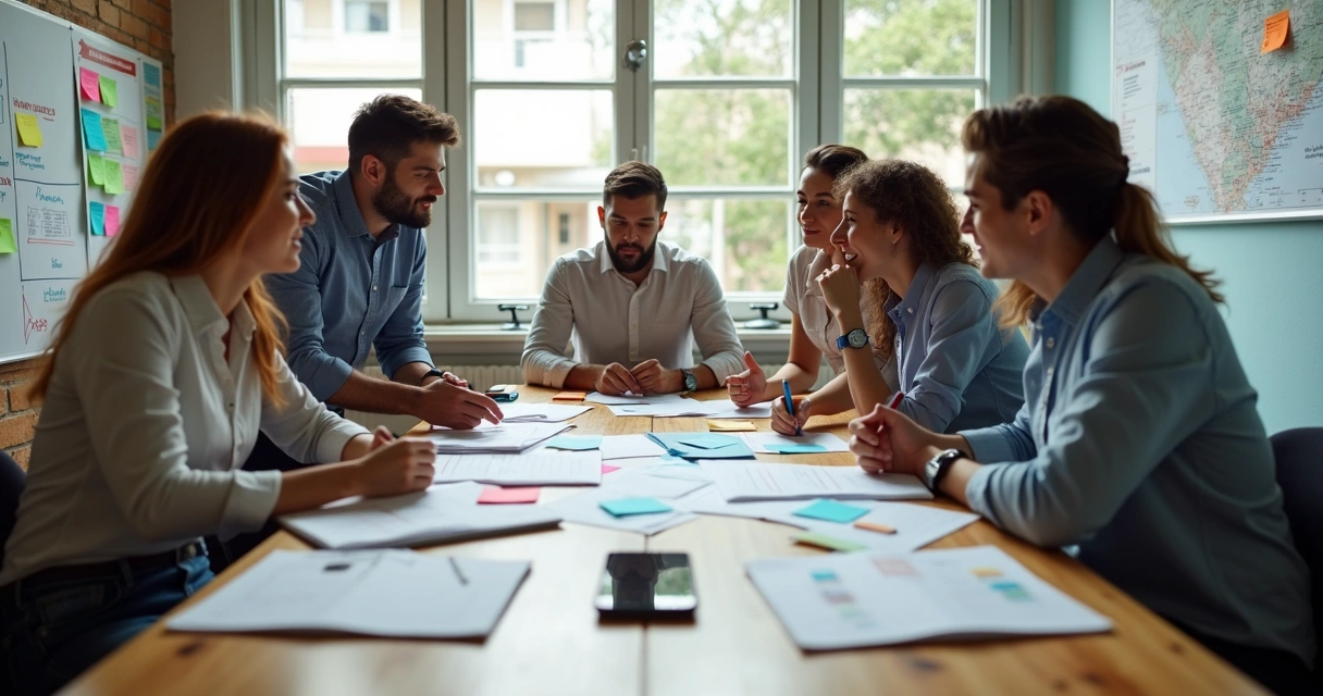 Equipe de campanha política organizando planejamento em mural de tarefas 