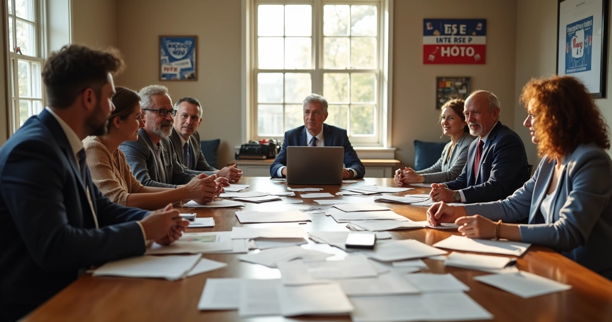 Equipe política reunida em mesa discutindo estratégias de campanha