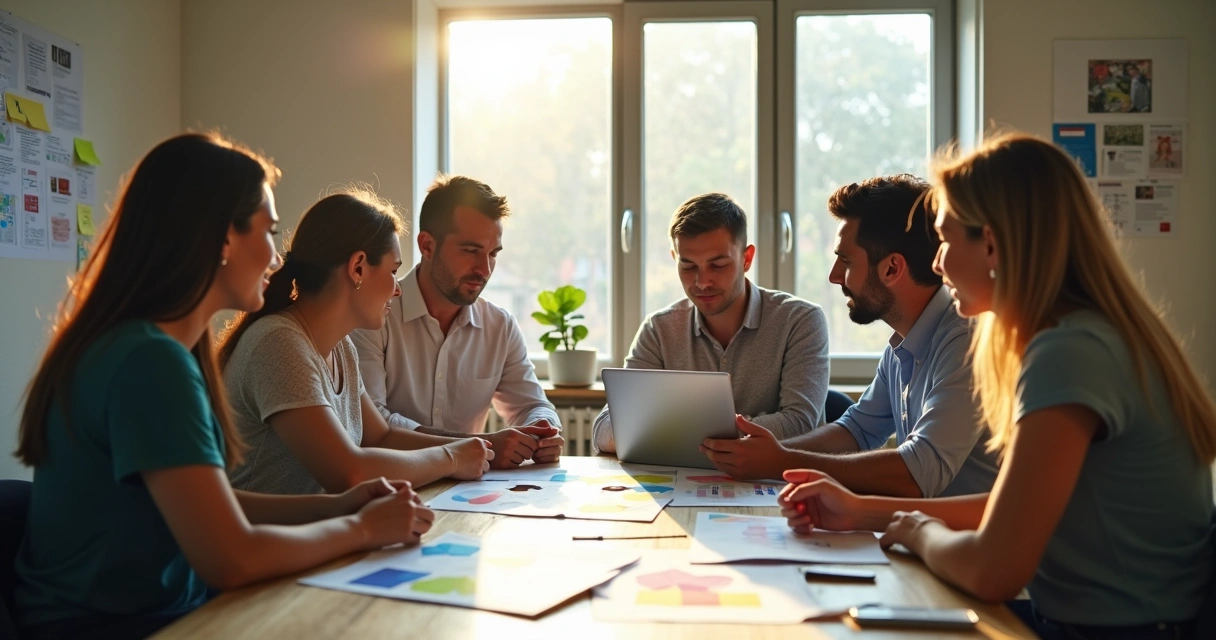 Cinco pessoas ao redor de mesa, planejando ações de campanha com laptop e papéis 