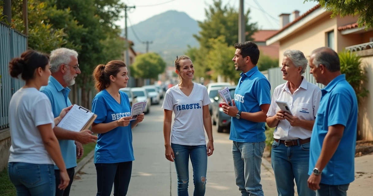 Equipe de campanha conversando com eleitores na rua 