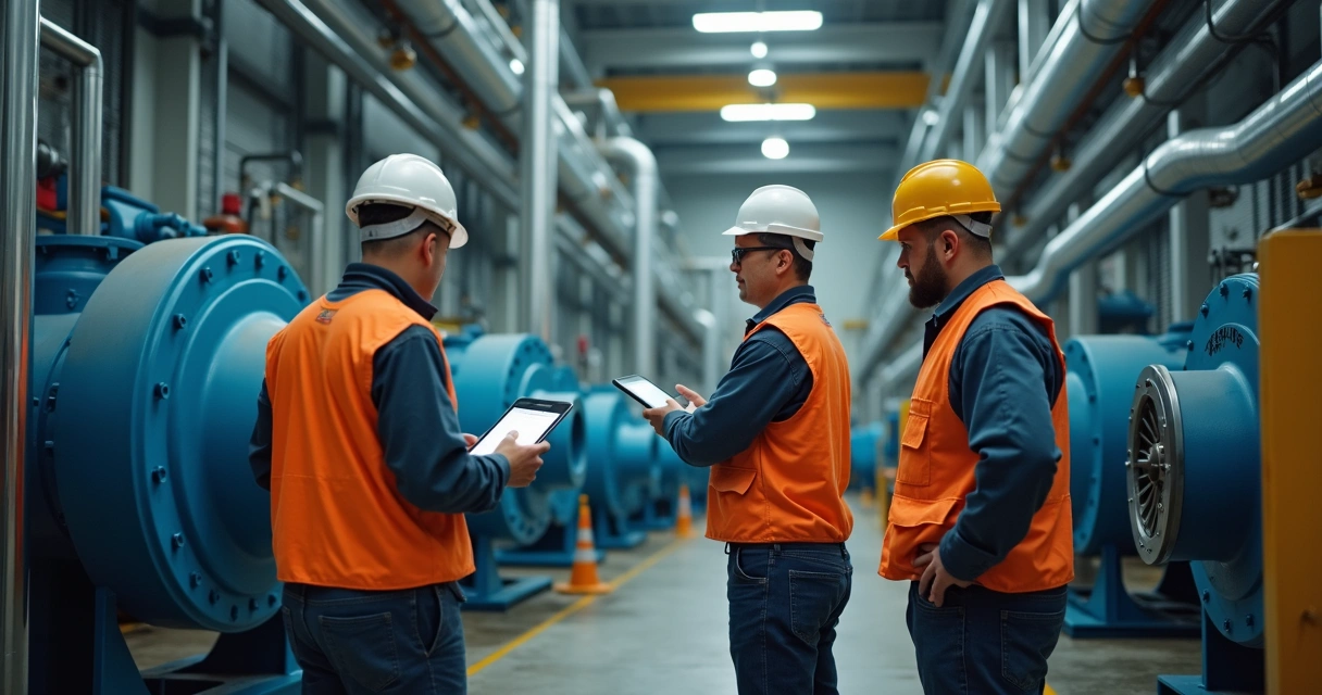 Equipe de manutenção em campo durante parada industrial 