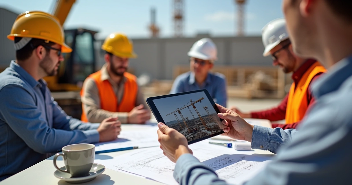 Equipes no canteiro analisando documentos e imagens em tablet 