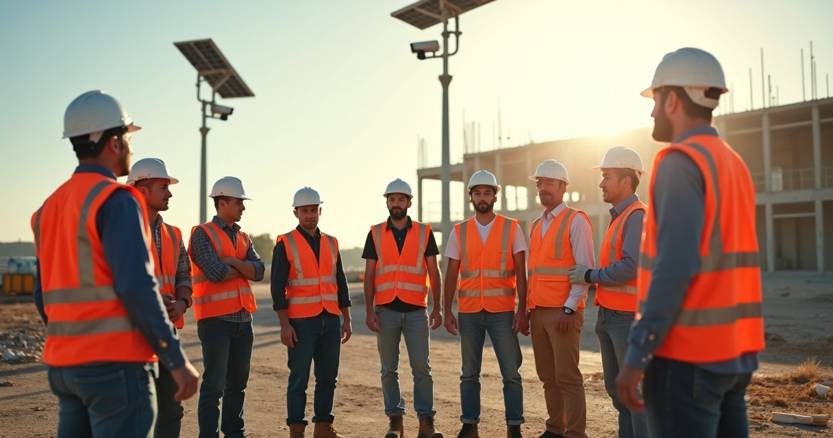 Equipe de obra usando EPI e câmeras instaladas ao fundo 