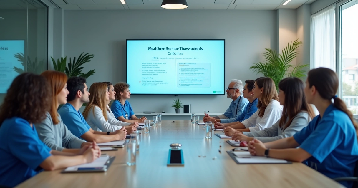 Equipe médica participando de treinamento em sala de reunião 