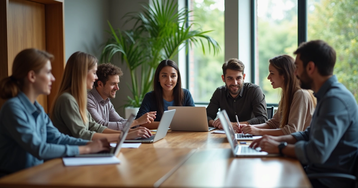 Pessoas ao redor de uma mesa colaborando com laptops e cadernos
