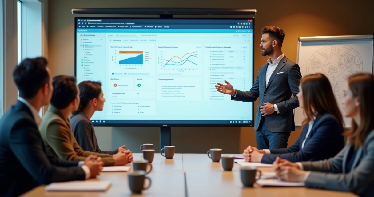 Equipe de empresa de serviços reunida em treinamento sobre uso de ERP. 