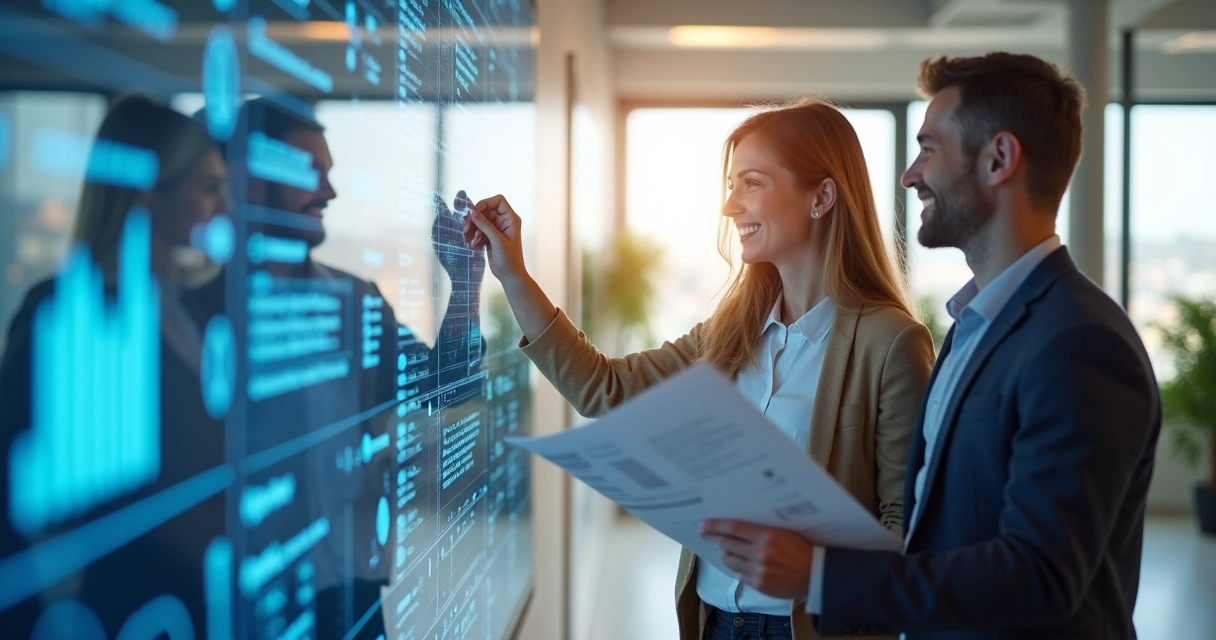 Colaboradores da CCM usando painel digital financeiro 