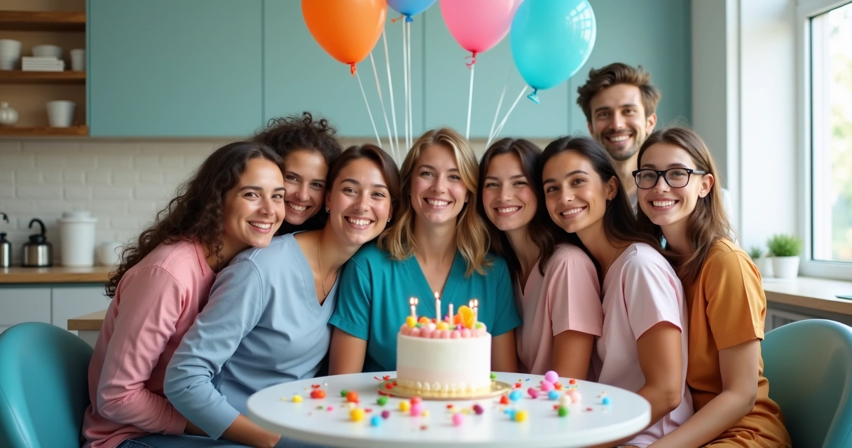 Equipe celebrando aniversário na clínica.