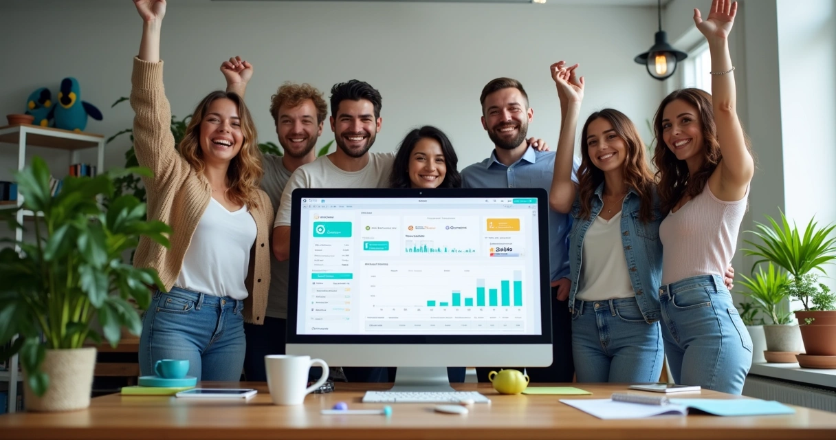 Equipe diversificada comemorando resultado com tecnologia no escritório 