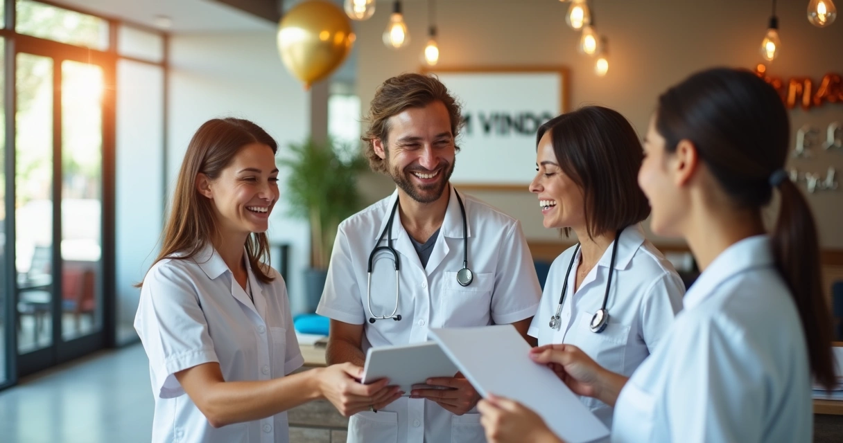 Equipe de clínica comemorando chegada de novo paciente 