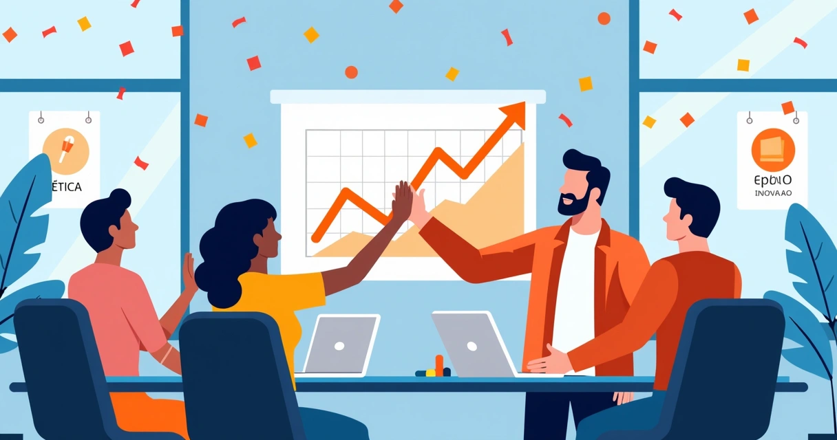 Equipe comemorando bons resultados alinhados aos valores da empresa