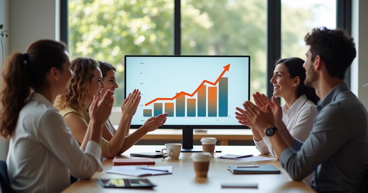 Pequena equipe de vendas comemorando ao redor de uma mesa, com sorriso e palmas, apresentação de gráfico de crescimento na tela