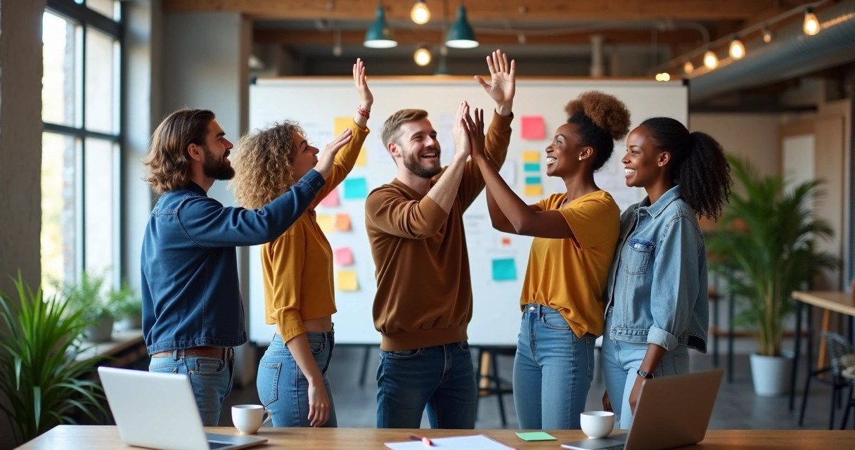 Equipe comemorando juntos em pé com gestos de alegria e entusiasmo 