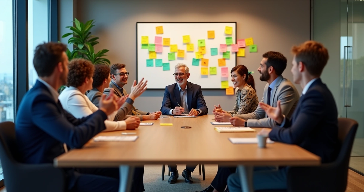 Equipe reunida em mesa comemorando e trocando experiências