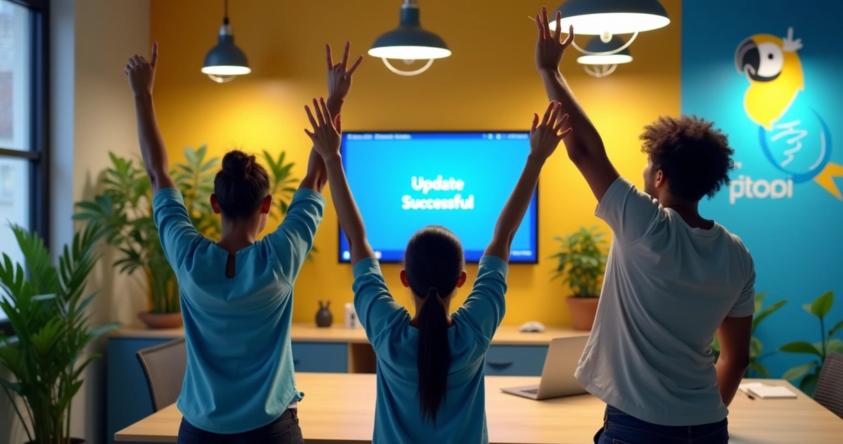 Equipe de trabalho comemorando após uma atualização de aplicativo bem-sucedida 