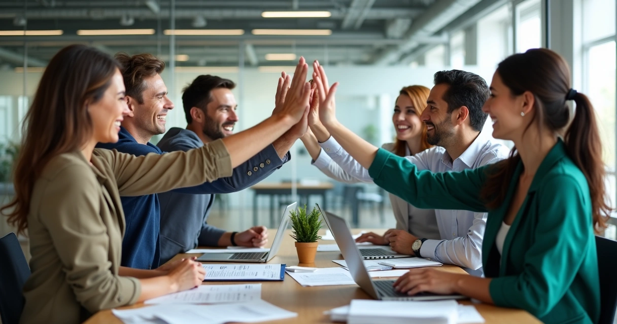 Equipe de trabalho comemorando ao redor de uma mesa cheia de papéis e notebooks