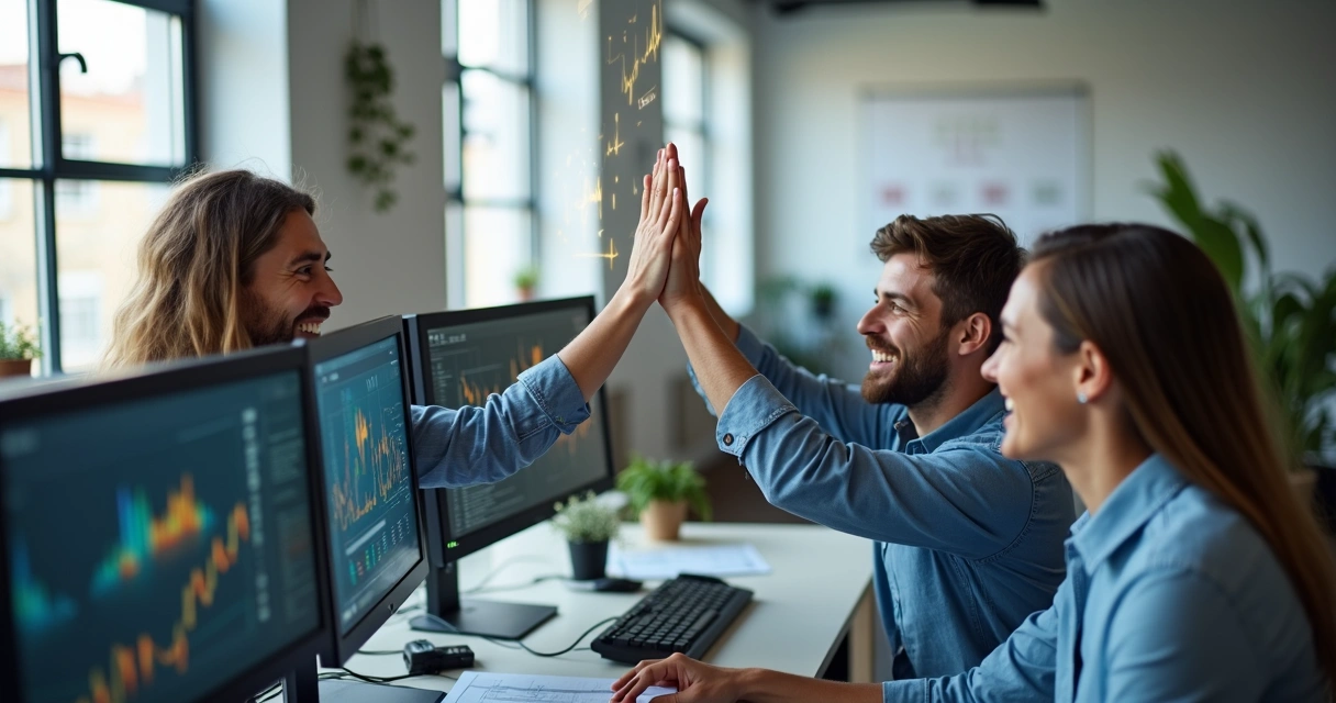 Equipe de escritório celebrando sucesso com automações low-code 