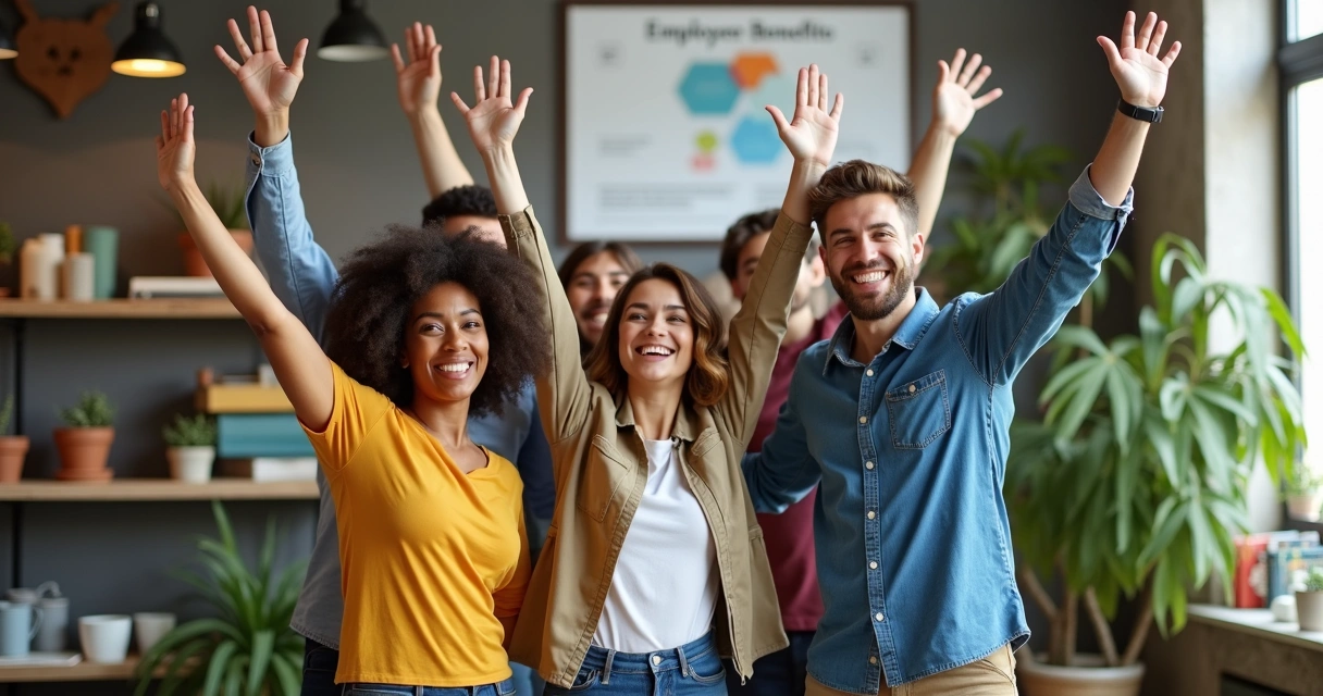 Equipe diversificada comemorando conquistas de benefícios, sorrisos e gestos de união 