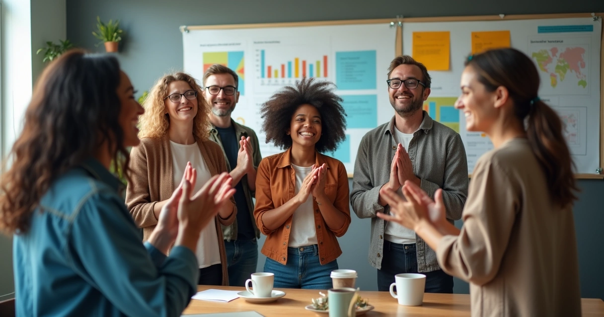 Grupo de pessoas comemorando juntos em ambiente de trabalho 