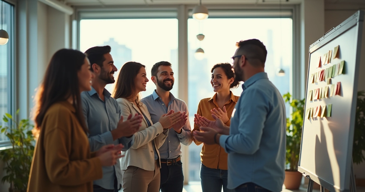 Equipe celebrando pequenas conquistas em escritório moderno 
