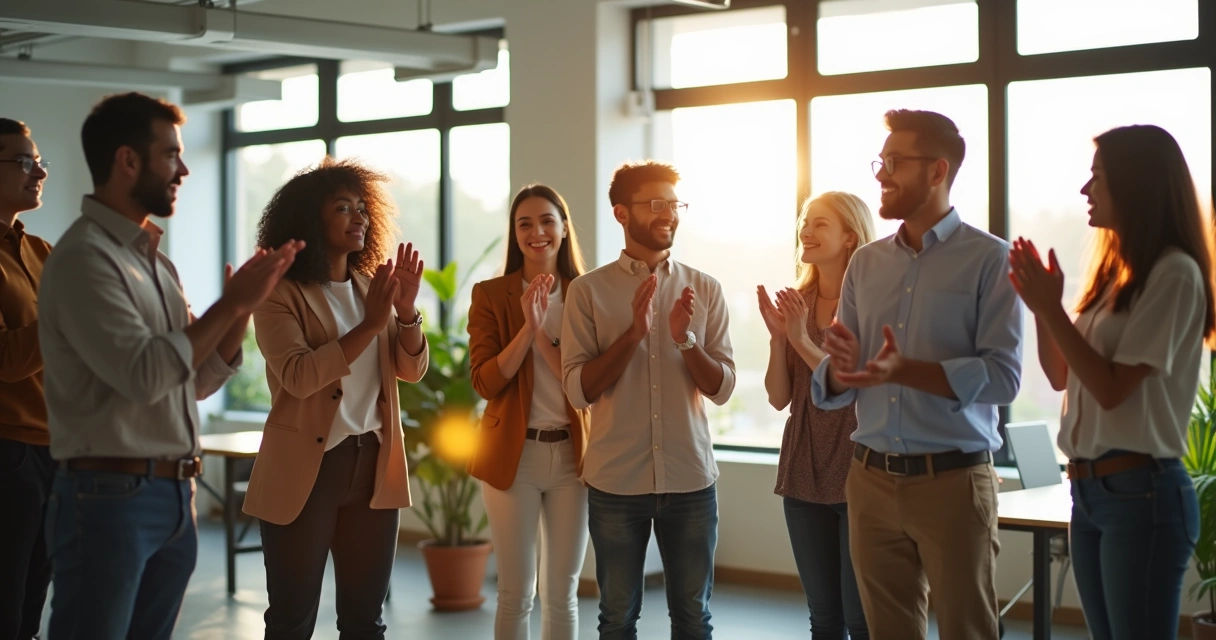 Equipe de trabalho diversificada comemorando em ambiente de escritório moderno 
