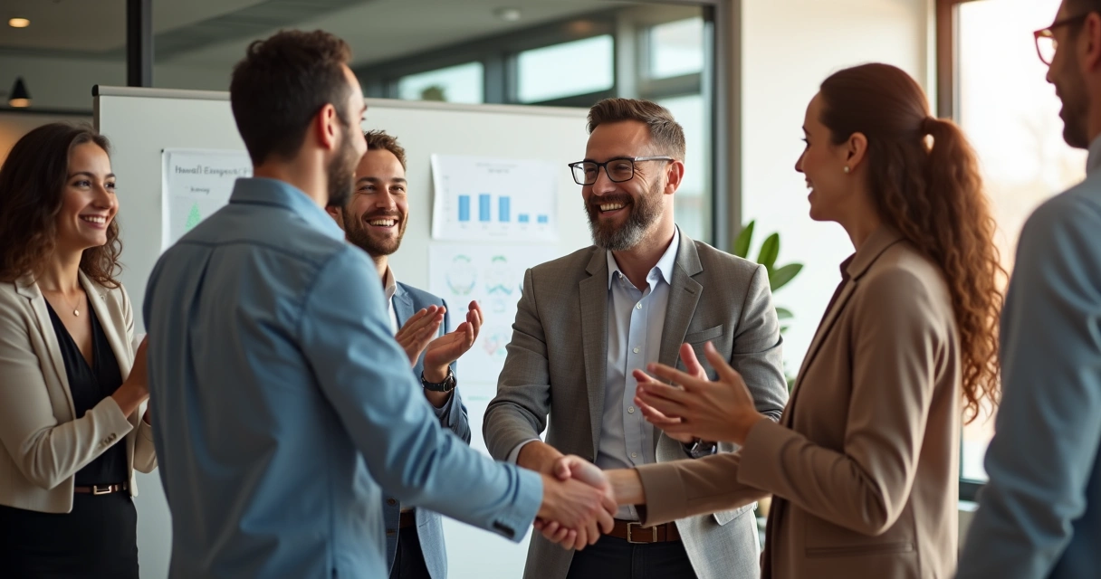 Equipe comemorando sucesso após reunião de feedback 