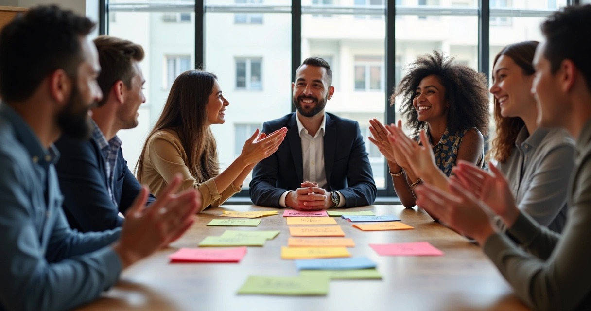 Equipe reunida celebrando ideias de economia e eficiência, todos animados ao redor de uma mesa 