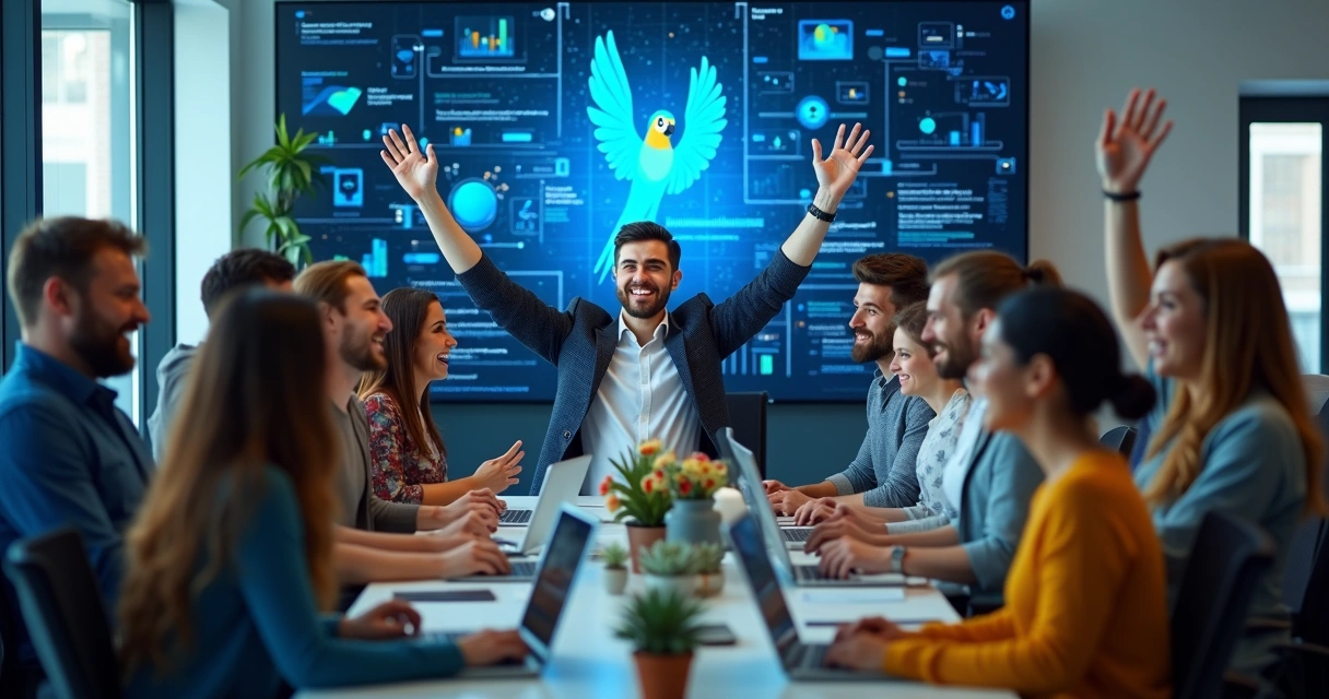 Equipe de trabalho comemorando frente a mural digital de tecnologia 