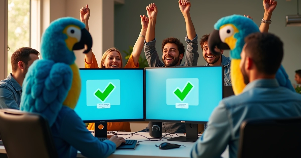 Equipe celebrando integração tecnológica bem-sucedida 