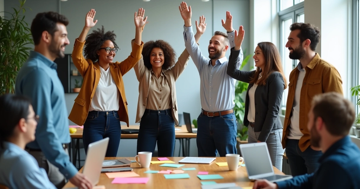 Grupo de colegas de equipe sorrindo e celebrando juntos 