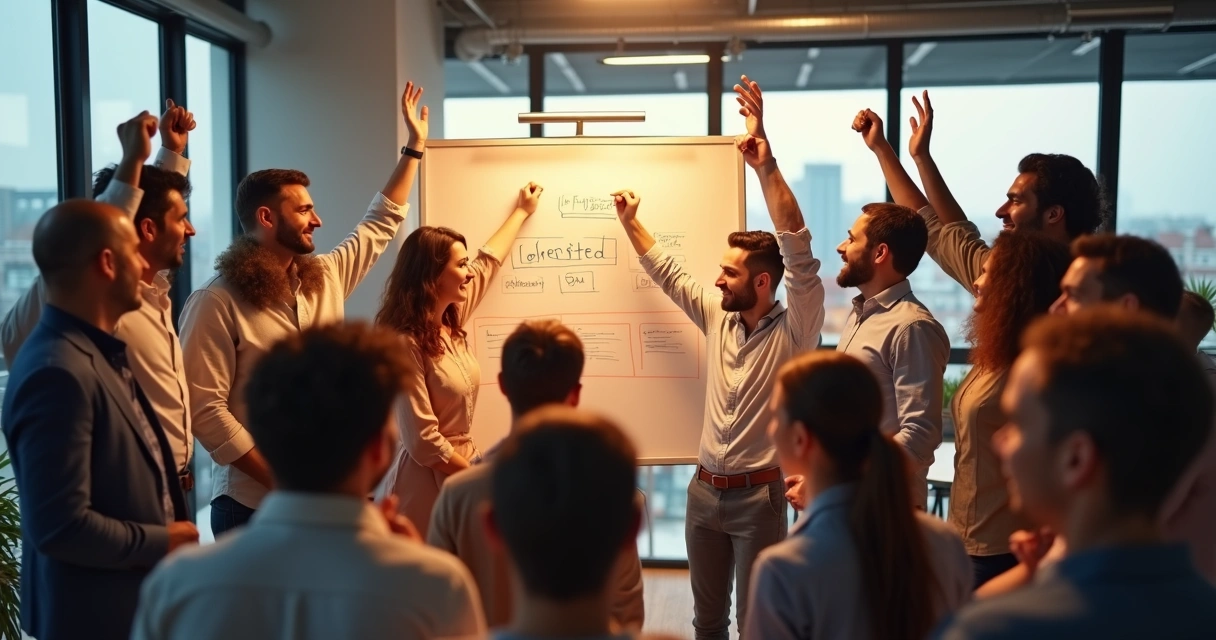 Equipe celebrando junta, expressando união e alegria 