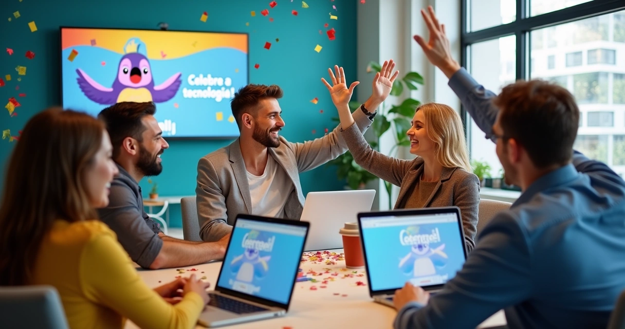 Equipe comemorando conclusão de projeto no-code