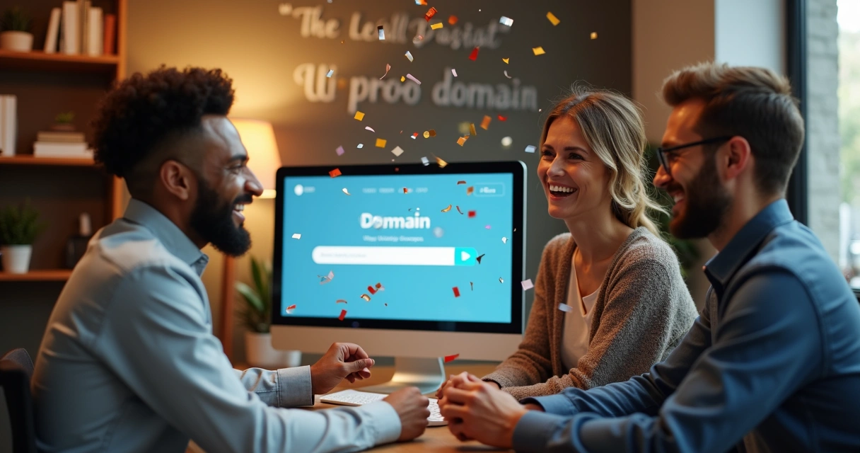 Equipe de negócios comemorando registro de domínio no computador