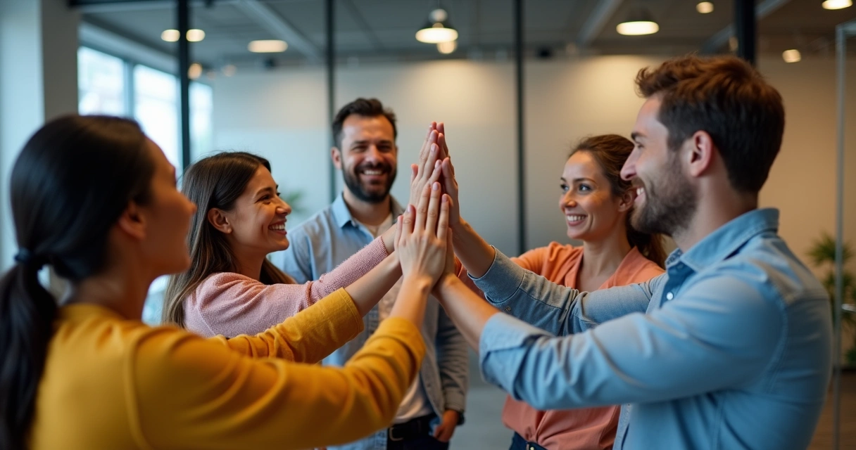 Equipe reunida em círculo celebrando conquista no escritório 
