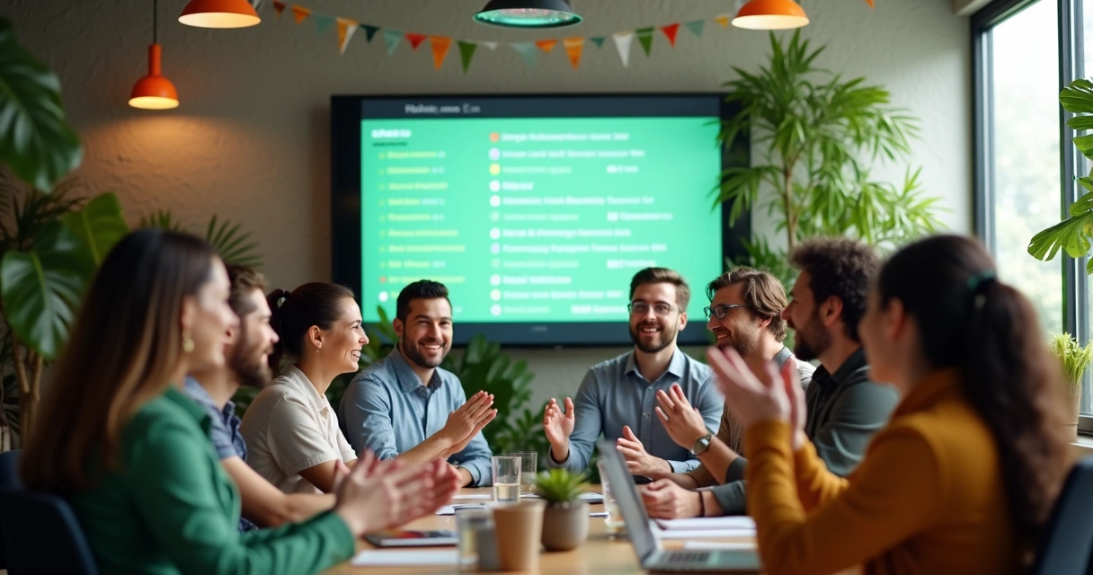 Equipe comemorando resultados positivos em leads qualificados 