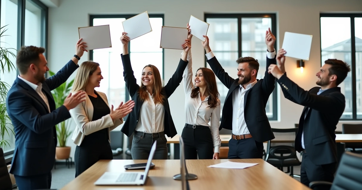 Grupo de colaboradores no escritório celebrando resultado de treinamento, sorrindo e levantando papéis de certificado 